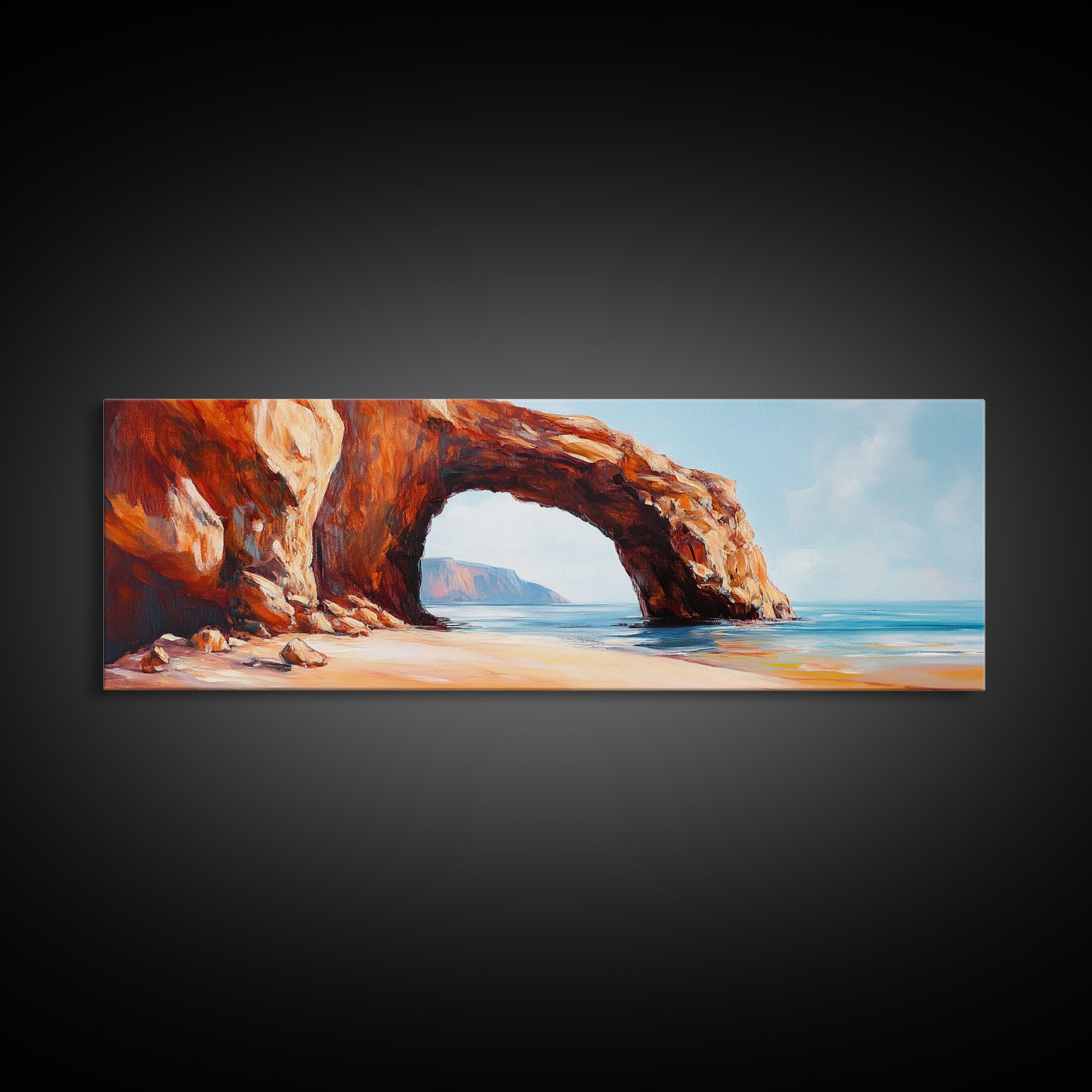 Natural Rock Arch Painting Coastal Cliff Seascape Wall Art Earthy Ocean Landscape Artwork Canvas Print Beach House Decor
