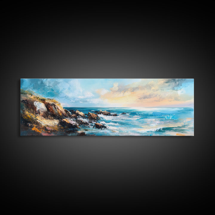 Rocky Ocean Shoreline Framed Canvas Print, Textured Seascape Painting, Beach House Wall Art, Coastal Living Room Decor, Wave Artwork