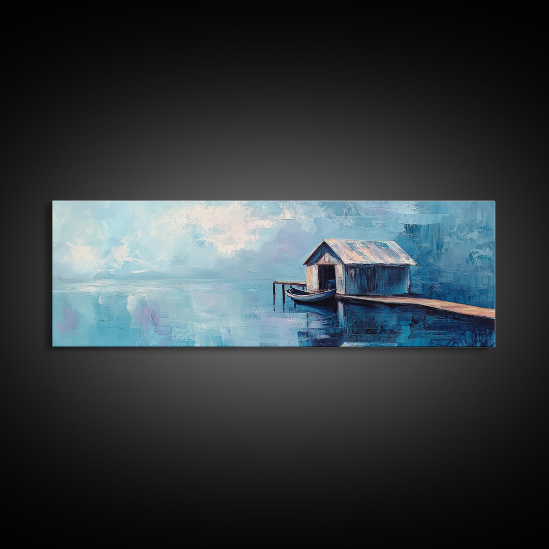 Blue Boathouse Canvas Print Tranquil Lake Scene Wall Art Nautical Cabin Decor Coastal Painting Minimalist Blue Wall Art Living Room