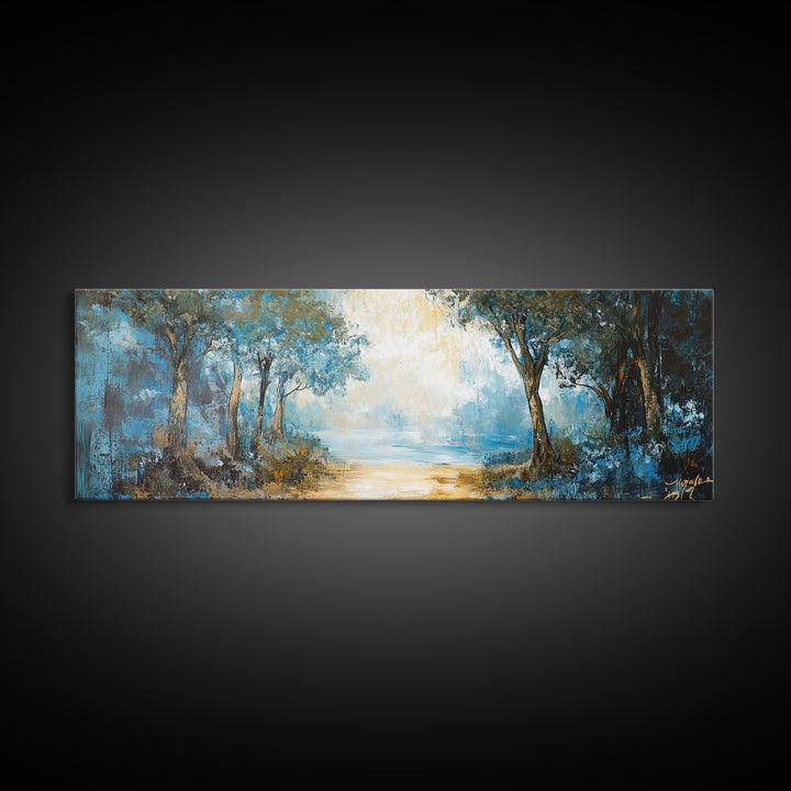 Blue Forest Path Framed Canvas Print Landscape Painting, Nature Inspired Wall Art, Rustic Home Decor, Modern Artwork
