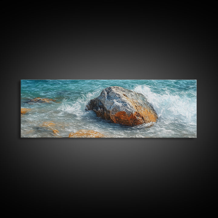 Ocean Rock Waves Framed Canvas Print Coastal Nature Wall Art, Beach Landscape Painting, Rustic Seascape Decor, Home Accent