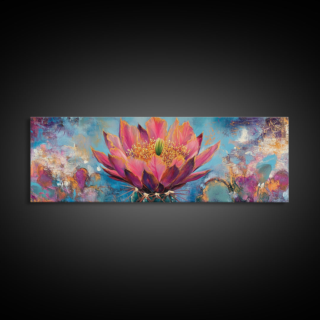 Blooming Cactus Art Framed Canvas Print Boho Floral Wall Art Desert Home Decor Vibrant Succulent Painting Southwestern Gift