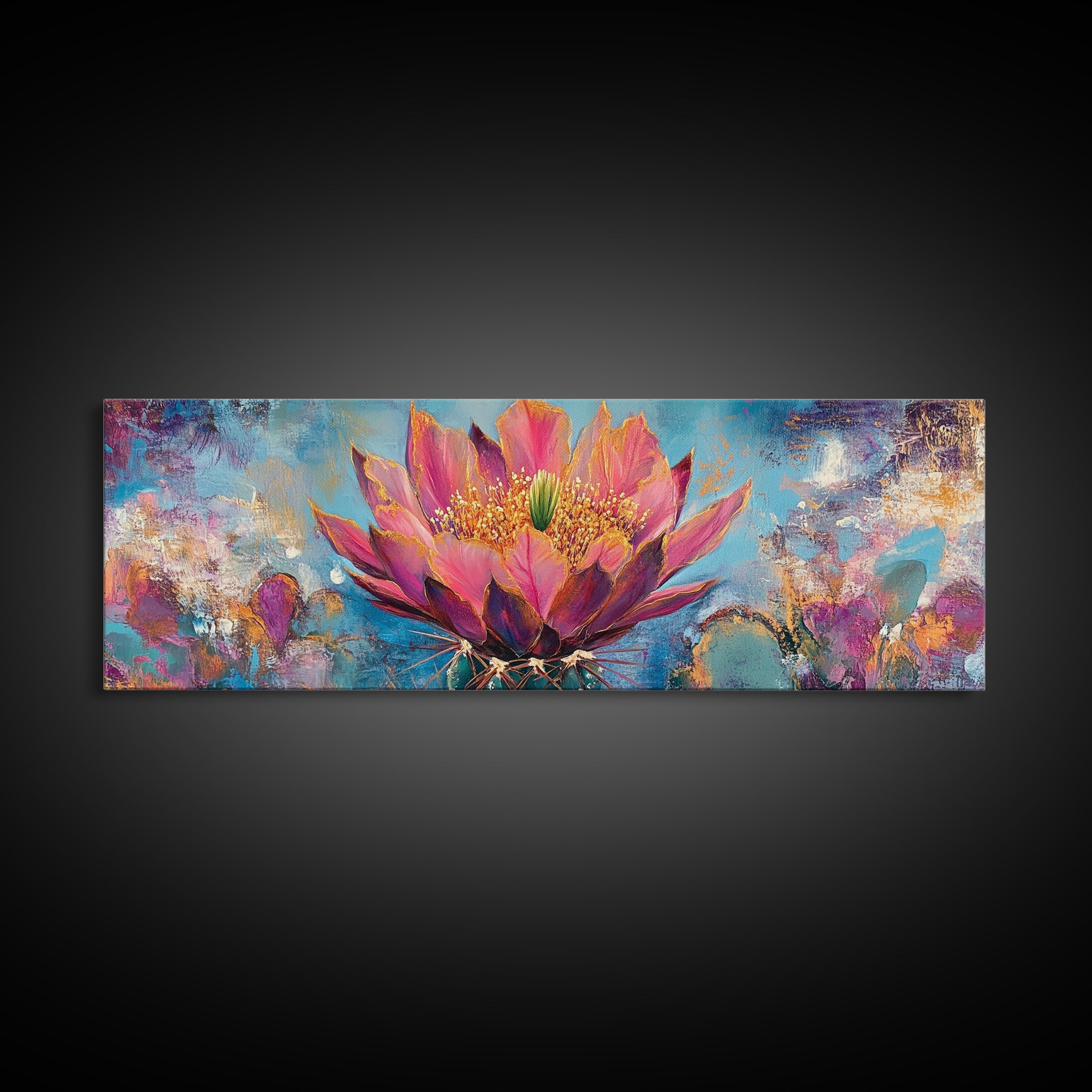 Blooming Cactus Art Framed Canvas Print Boho Floral Wall Art Desert Home Decor Vibrant Succulent Painting Southwestern Gift