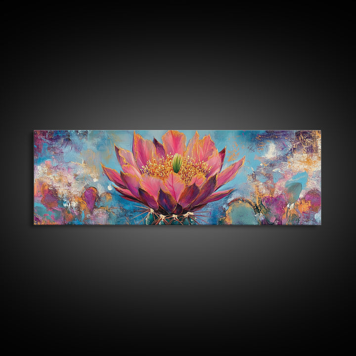 Blooming Cactus Art Framed Canvas Print Boho Floral Wall Art Desert Home Decor Vibrant Succulent Painting Southwestern Gift