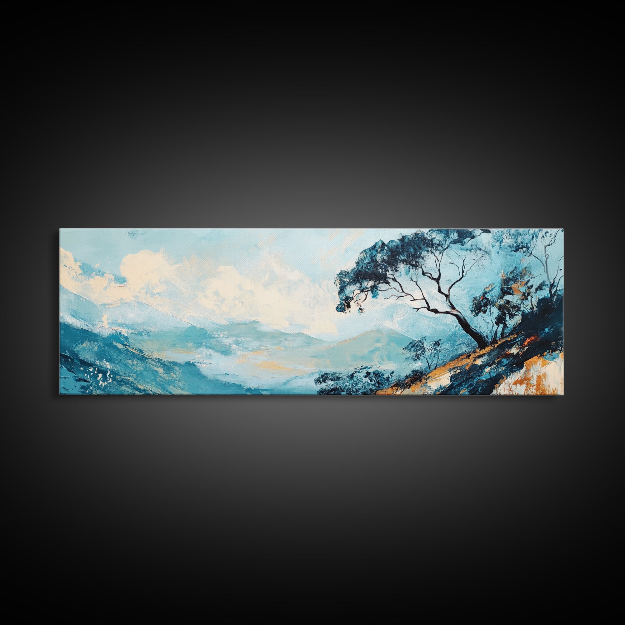 Blue Mountains, Windswept Tree, Minimalist Wall Art, Canvas Print, Modern Landscape, Bedroom Decor, Serene Nature Painting, Abstract Art