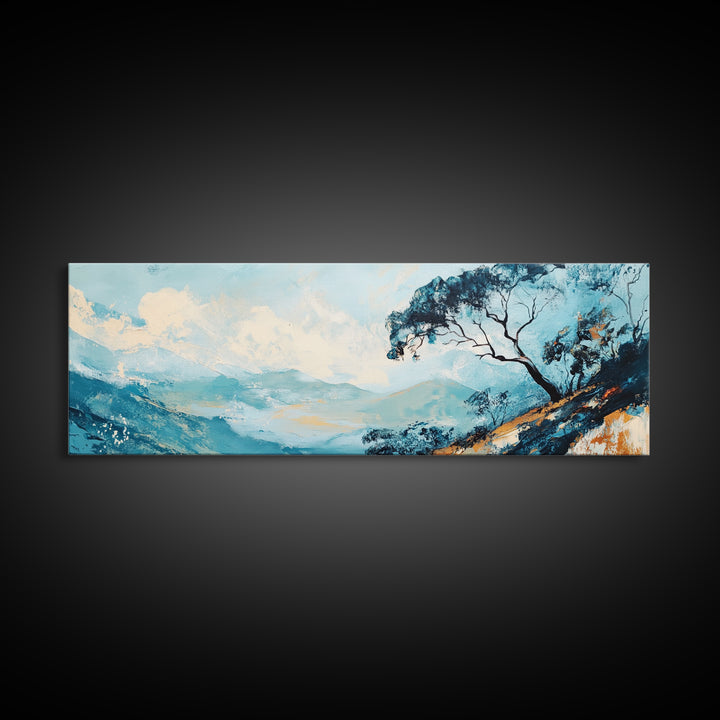 Blue Mountains, Windswept Tree, Minimalist Wall Art, Canvas Print, Modern Landscape, Bedroom Decor, Serene Nature Painting, Abstract Art