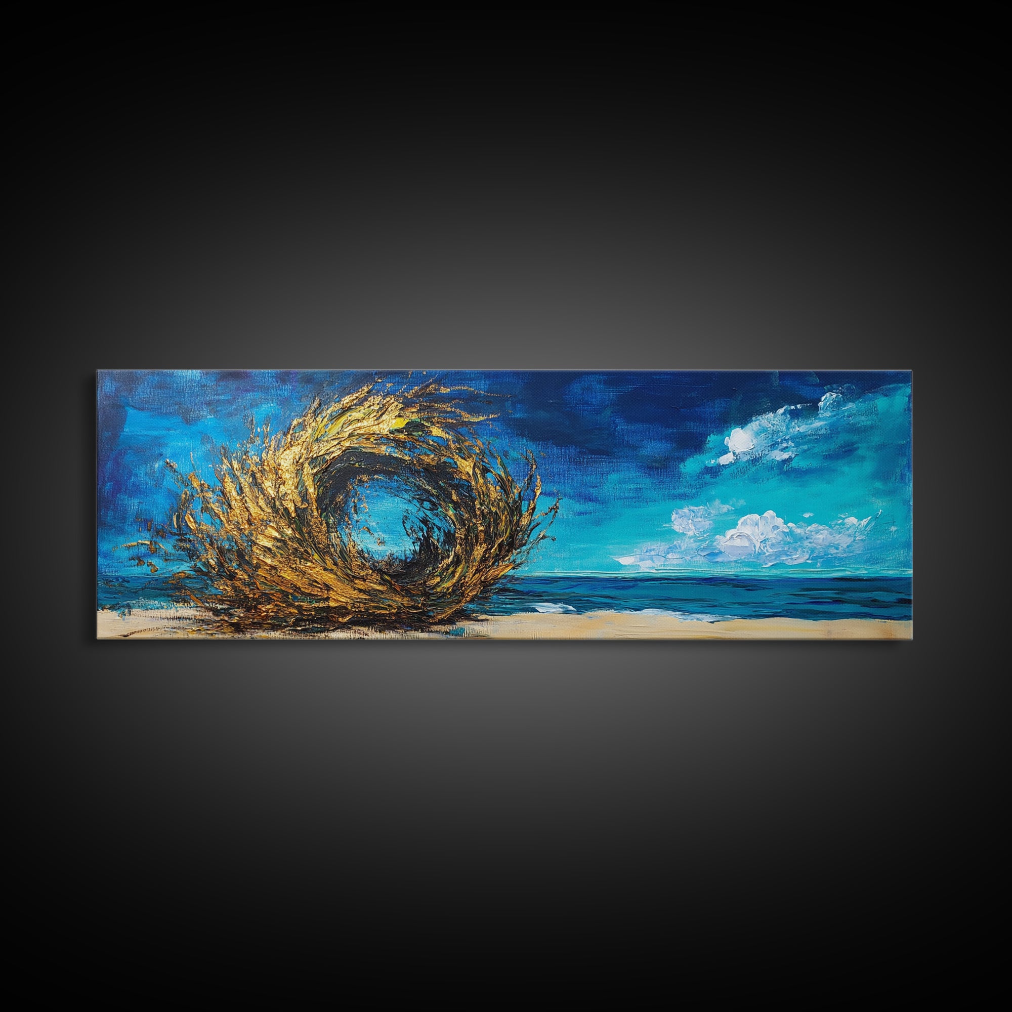 Ocean Swirl, Golden Waves, Abstract Beach Art, Framed Canvas Print, Modern Coastal Decor, Statement Wall Art, Ocean Vortex, Vibrant Blue