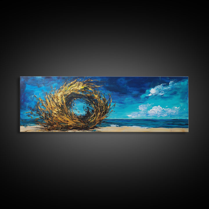 Ocean Swirl, Golden Waves, Abstract Beach Art, Framed Canvas Print, Modern Coastal Decor, Statement Wall Art, Ocean Vortex, Vibrant Blue