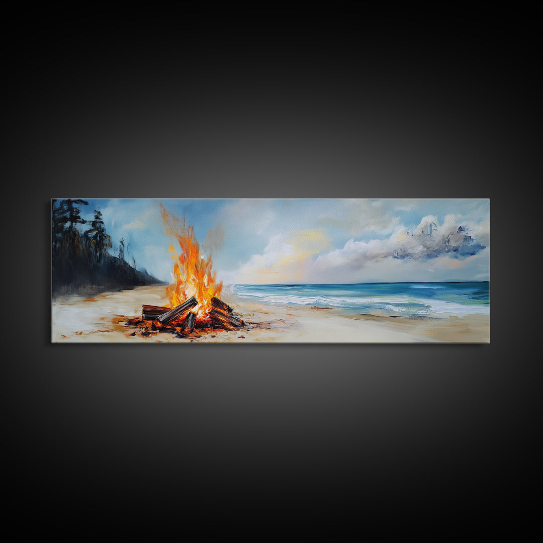 Beach Bonfire Glow Framed Canvas Print Coastal Sunset Wall Art Ocean Retreat Decor Vibrant Campfire Painting Summer Gift