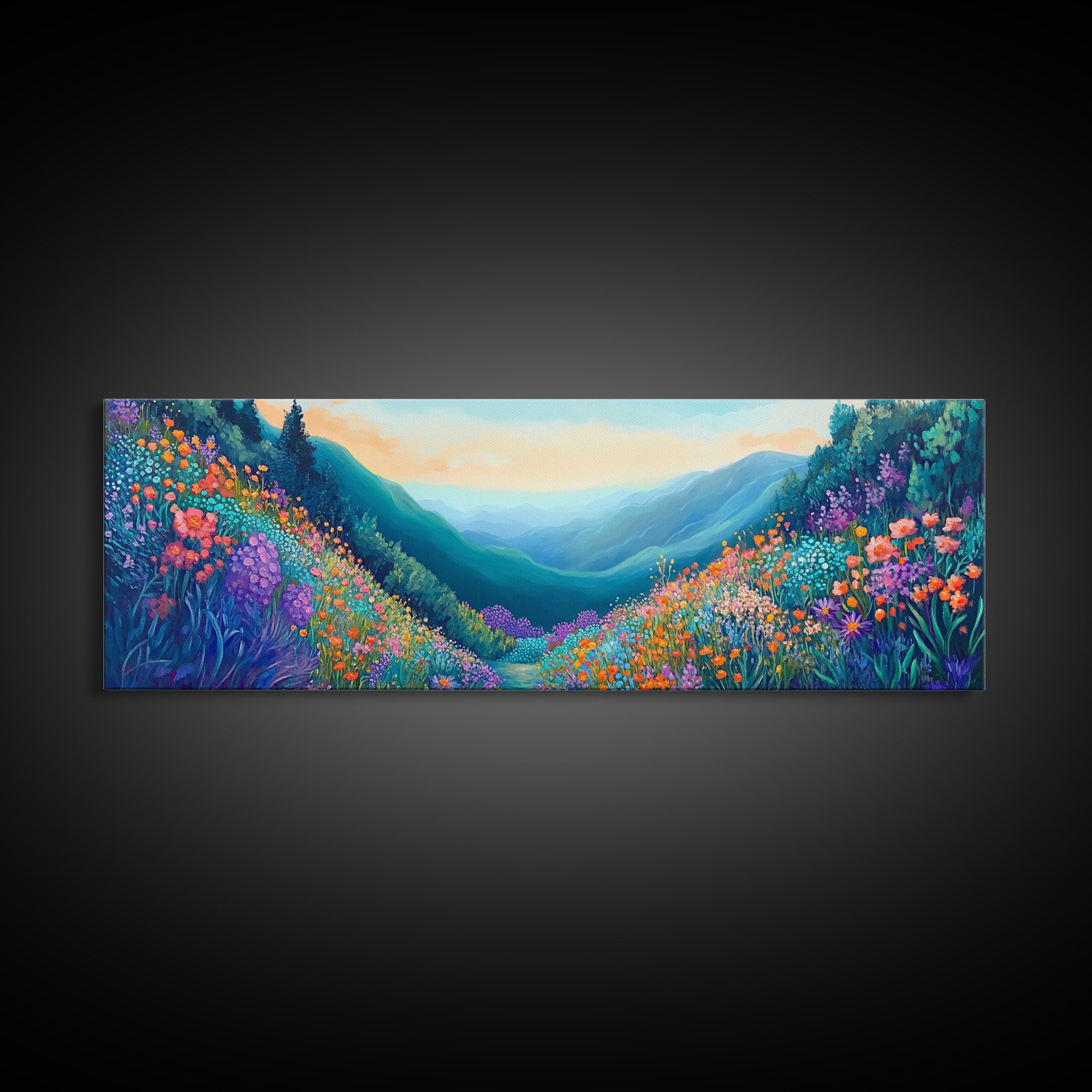 Mountain Wildflowers, Vibrant Landscape Art, Nature Painting, Cabin Wall Decor, Springtime Art, Living Room Print, Canvas Print