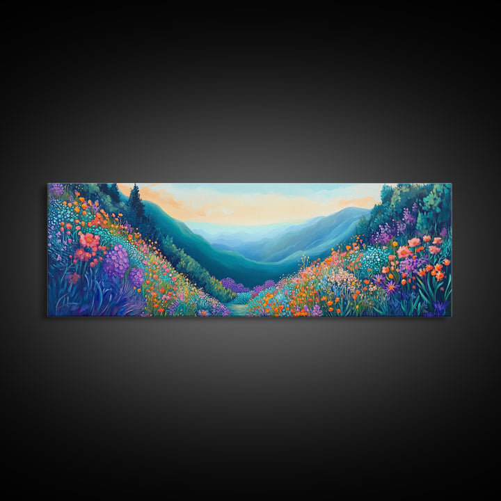 Mountain Wildflowers, Vibrant Landscape Art, Nature Painting, Cabin Wall Decor, Springtime Art, Living Room Print, Canvas Print