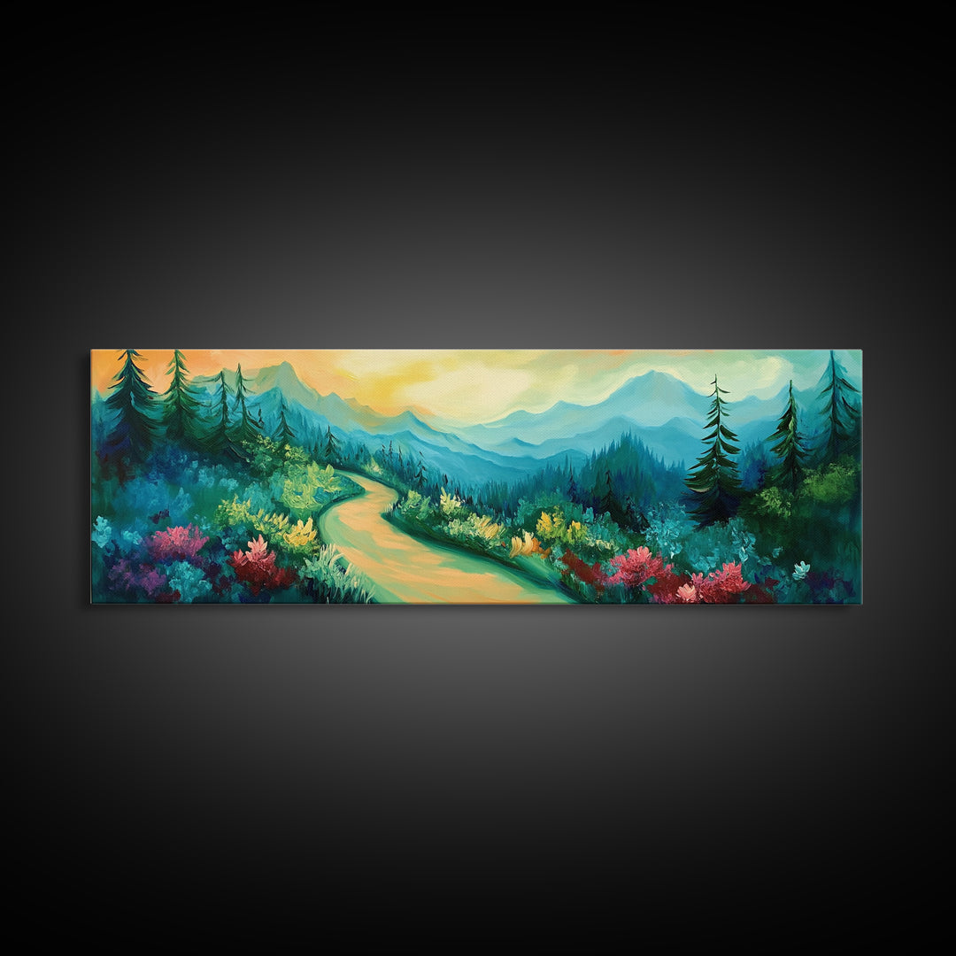 Forest Trail, Scenic Landscape Art, Green Nature Painting, Serene Hiking Scene, Cabin Wall Decor, Home Print, Framed Canvas Print