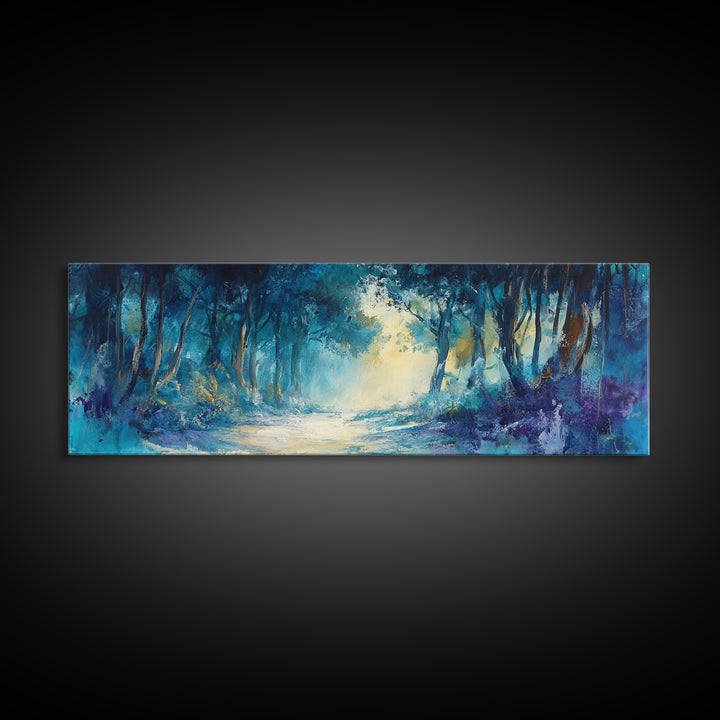 Mystical Forest, Blue Woodland Scene, Nature Art, Dark Forest Painting, Bedroom Wall Art, Canvas Print, Framed Canvas Print