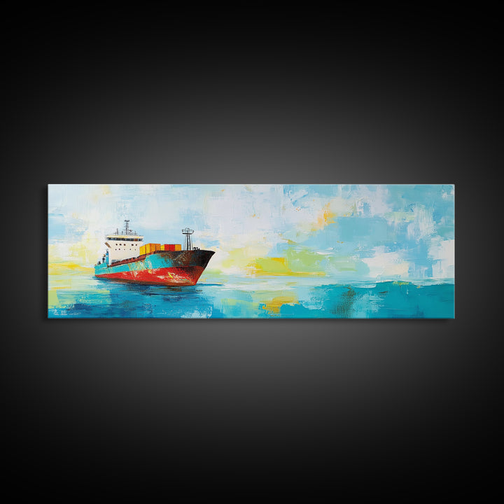 Cargo Ship Ocean Framed Canvas Print Nautical Wall Art, Maritime Decor, Industrial Seascape Painting, Coastal Living Room Artwork