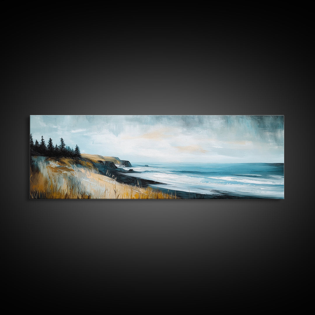 Coastal Cliff View Canvas Print Modern Landscape Painting, Minimalist Seascape Wall Art, Nature Theme Decor, Ocean View Artwork