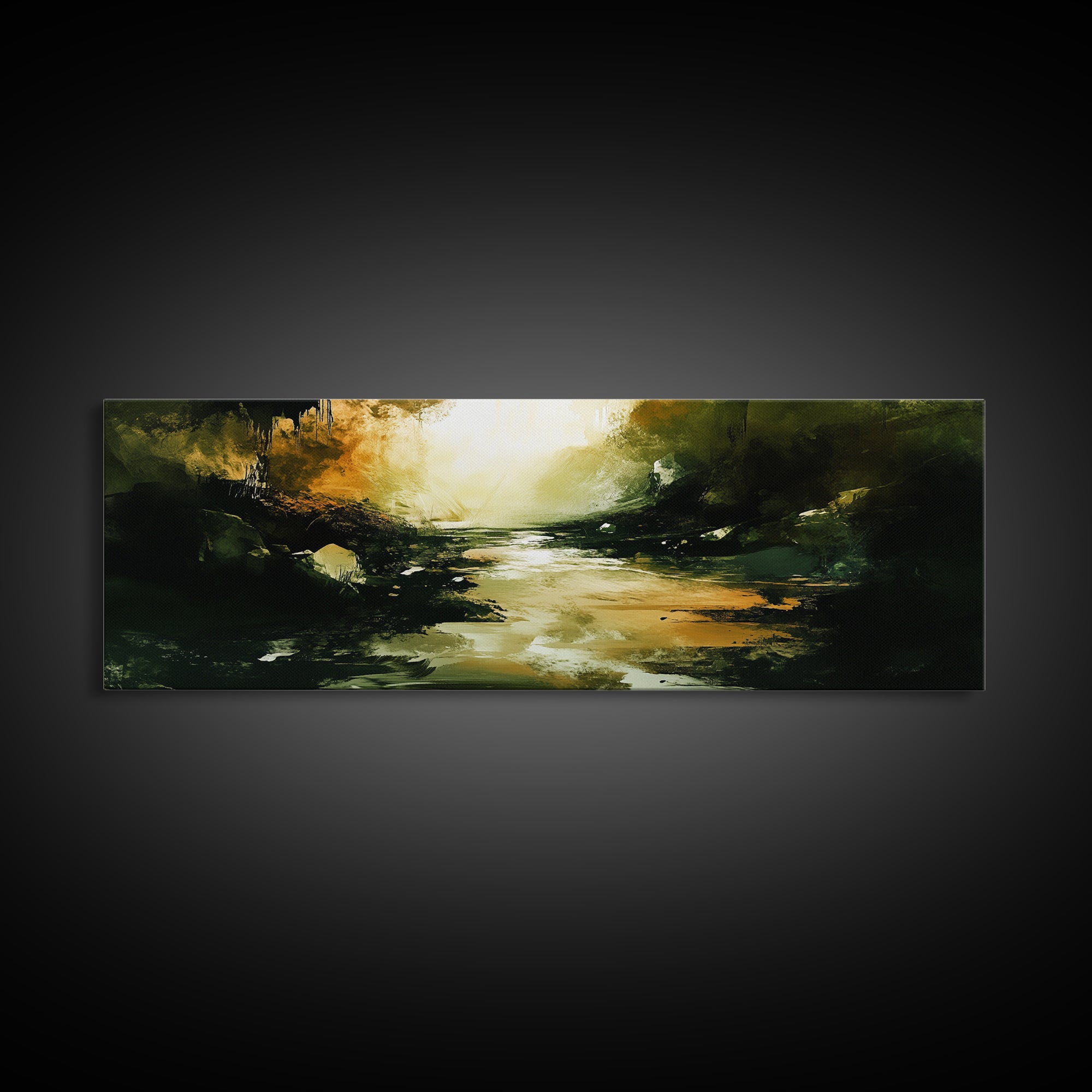 Dark Fantasy River Painting, Moody Abstract Landscape, Green and Gold Mystical Wall Art, Mysterious Hallway Decor, Framed Canvas Print