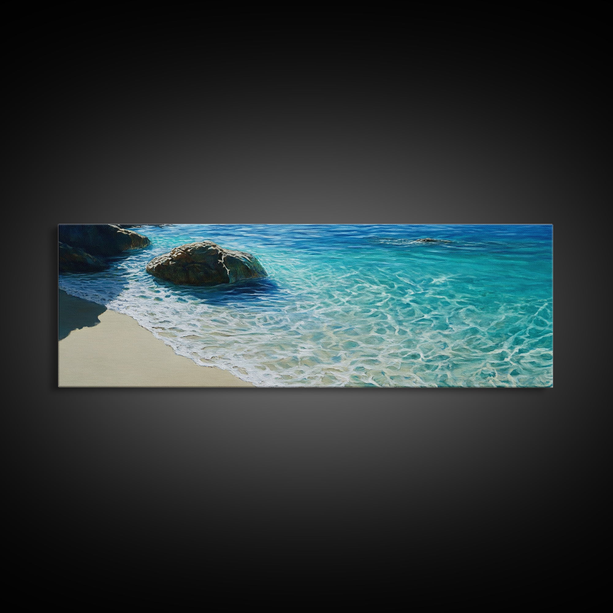 Ocean Shoreline Framed Canvas Print Coastal Beach Wall Art, Large Seascape Painting, Blue Sea Waves, Nautical Art, Bedroom Decor