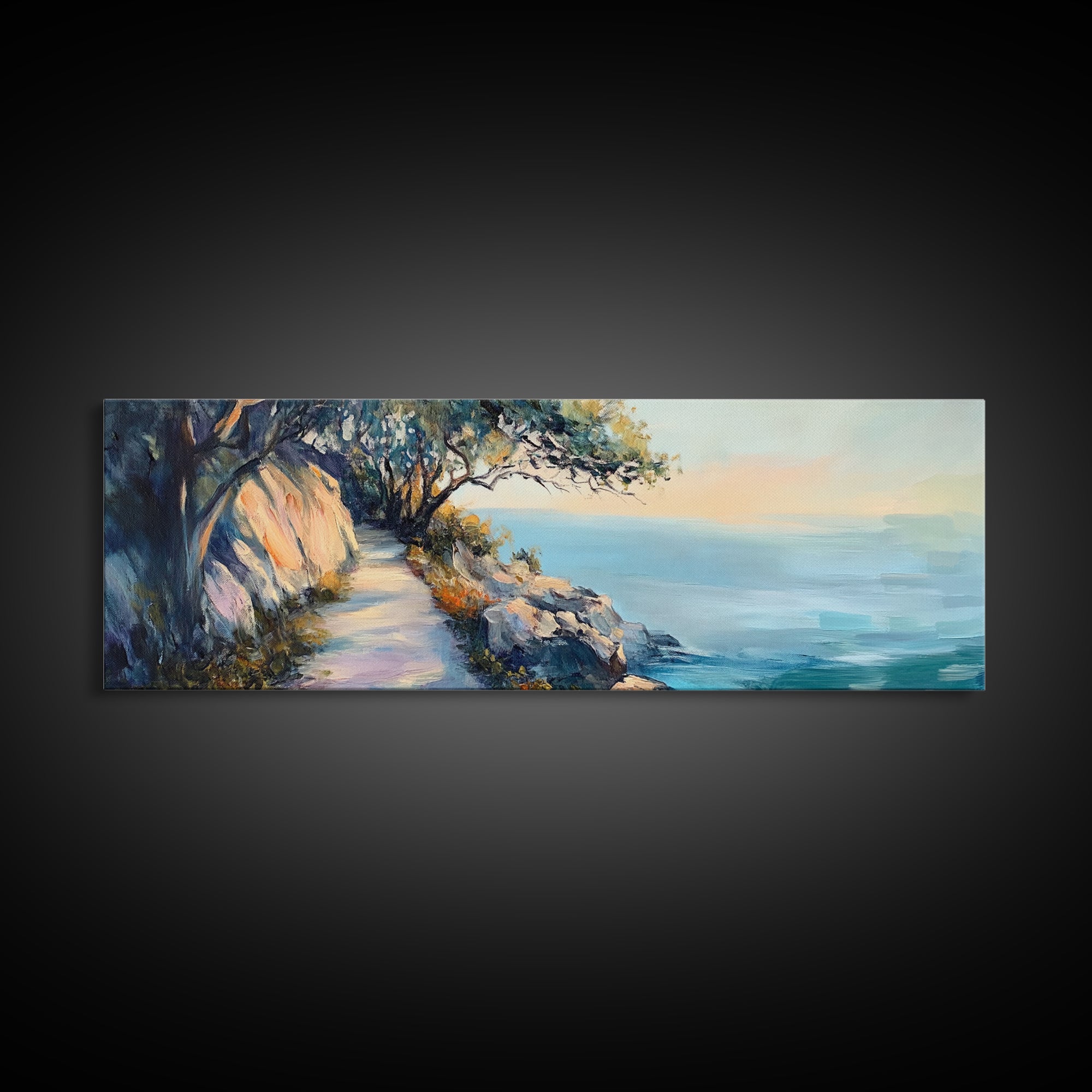 Coastal Cliff Walk Framed Canvas Print Serene Beach Pathway Painting, Sunset Seaside Art, Nature Landscape, Relaxing Home Wall Decor