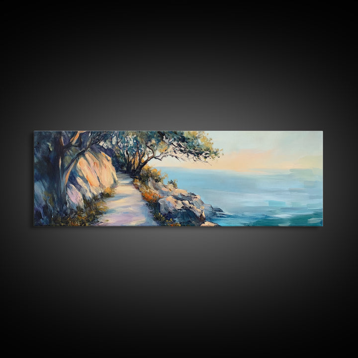 Coastal Cliff Walk Framed Canvas Print Serene Beach Pathway Painting, Sunset Seaside Art, Nature Landscape, Relaxing Home Wall Decor