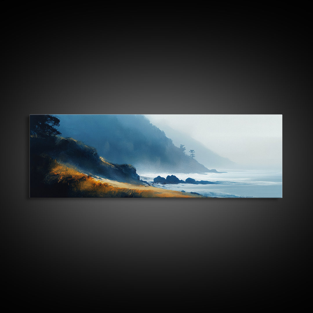 Dramatic Coastline Canvas Print Moody Seaside Painting, Stormy Ocean Landscape, Dark Blue Beach Wall Art, Living Room Decor