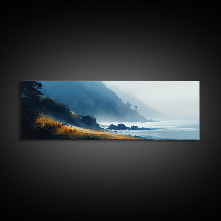 Dramatic Coastline Canvas Print Moody Seaside Painting, Stormy Ocean Landscape, Dark Blue Beach Wall Art, Living Room Decor