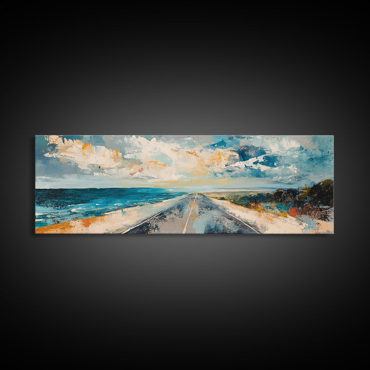 Coastal Highway Canvas Print, Ocean Road Painting, Scenic Landscape Wall Art, Travel Decor, Abstract Artwork, Office Wall Art