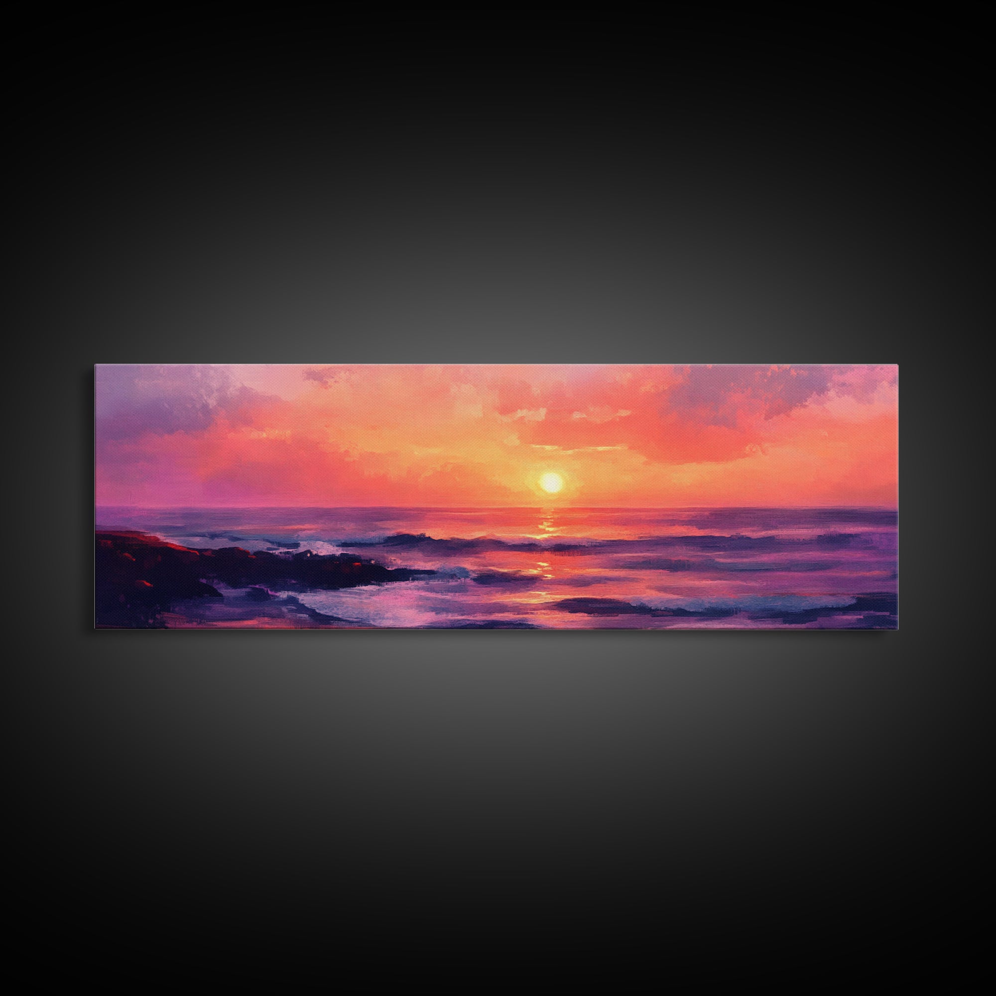 Ocean Sunset Framed Canvas Print, Pink Sky Seascape, Coastal Landscape Wall Art, Beach House Decor, Relaxing Home Aesthetic