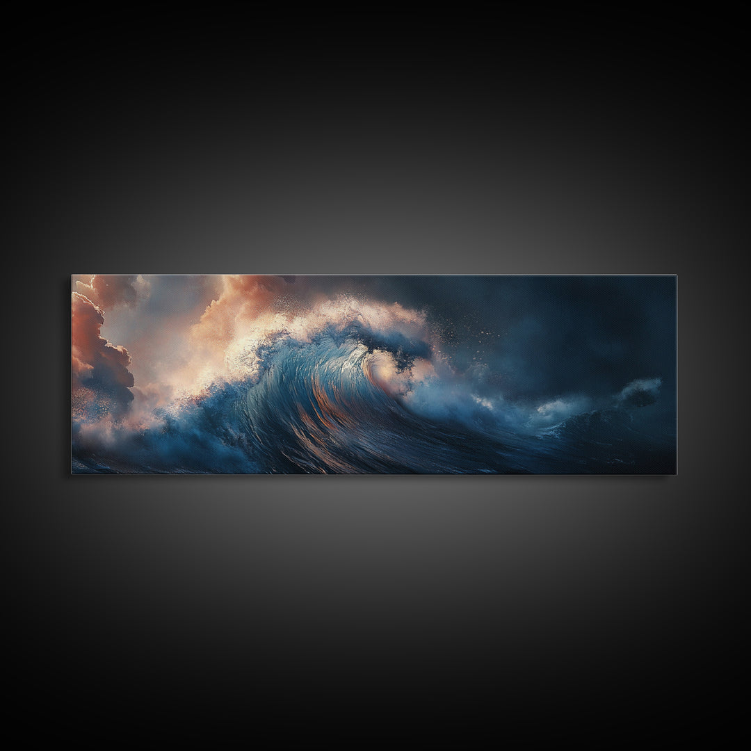 Dramatic Ocean Wave Framed Canvas Print Moody Seascape Wall Art, Deep Blue Stormy Sea Decor, Statement Living Room or Office Art