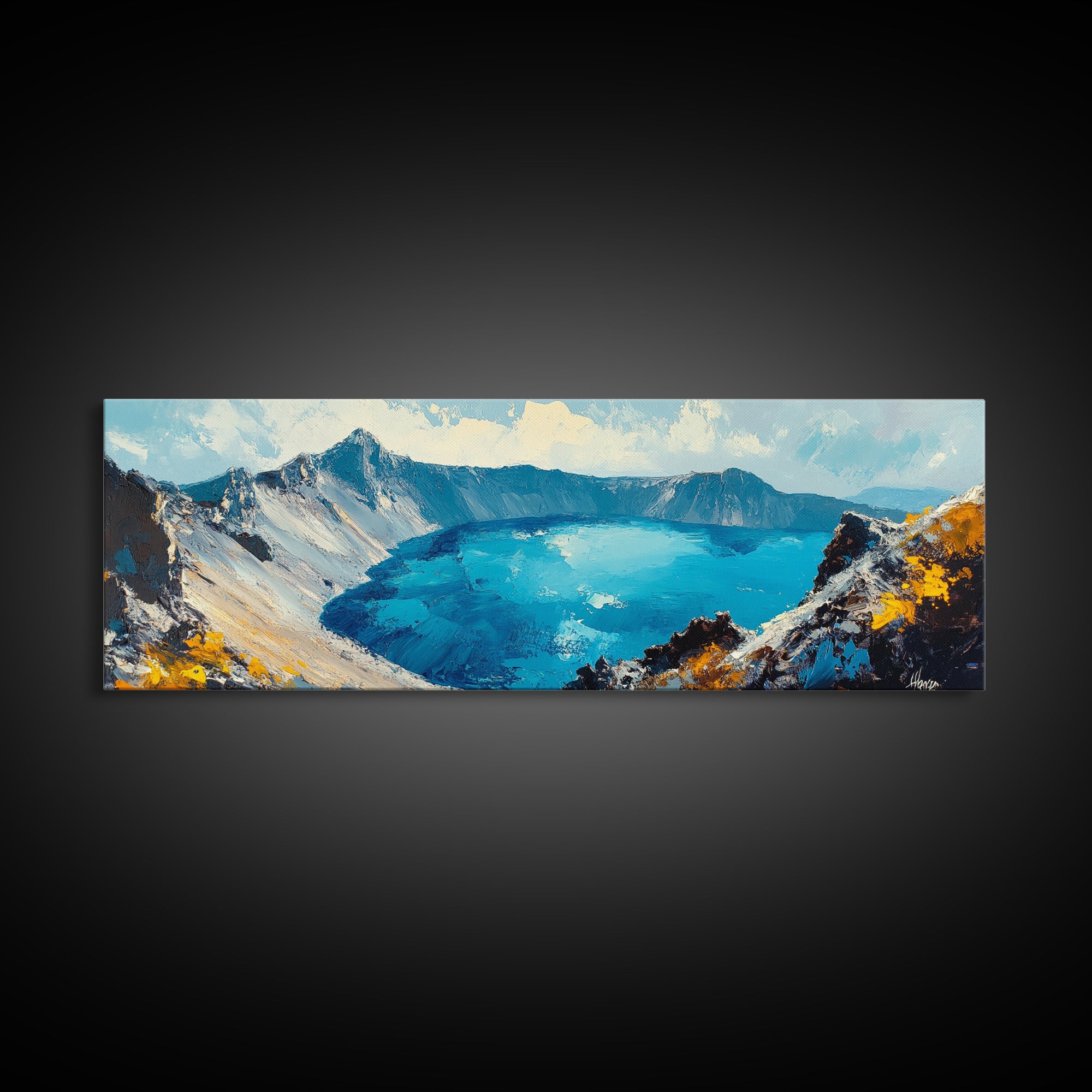 Crater Lake Landscape Framed Canvas Print Majestic Mountain Wall Art, Textured Impasto Painting, Nature Inspired Living Room Decor