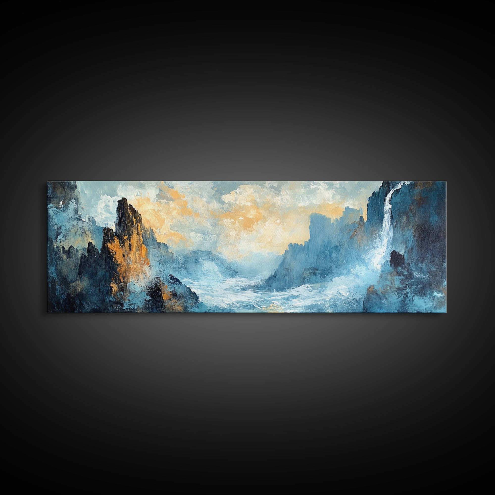 Abstract Mountain Waterfall Wall Art, Moody Landscape Painting, Modern Nature Art, Statement Artwork, Office Wall Decor