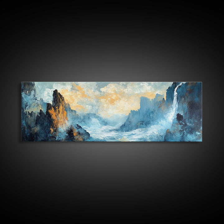 Abstract Mountain Waterfall Wall Art, Moody Landscape Painting, Modern Nature Art, Statement Artwork, Office Wall Decor