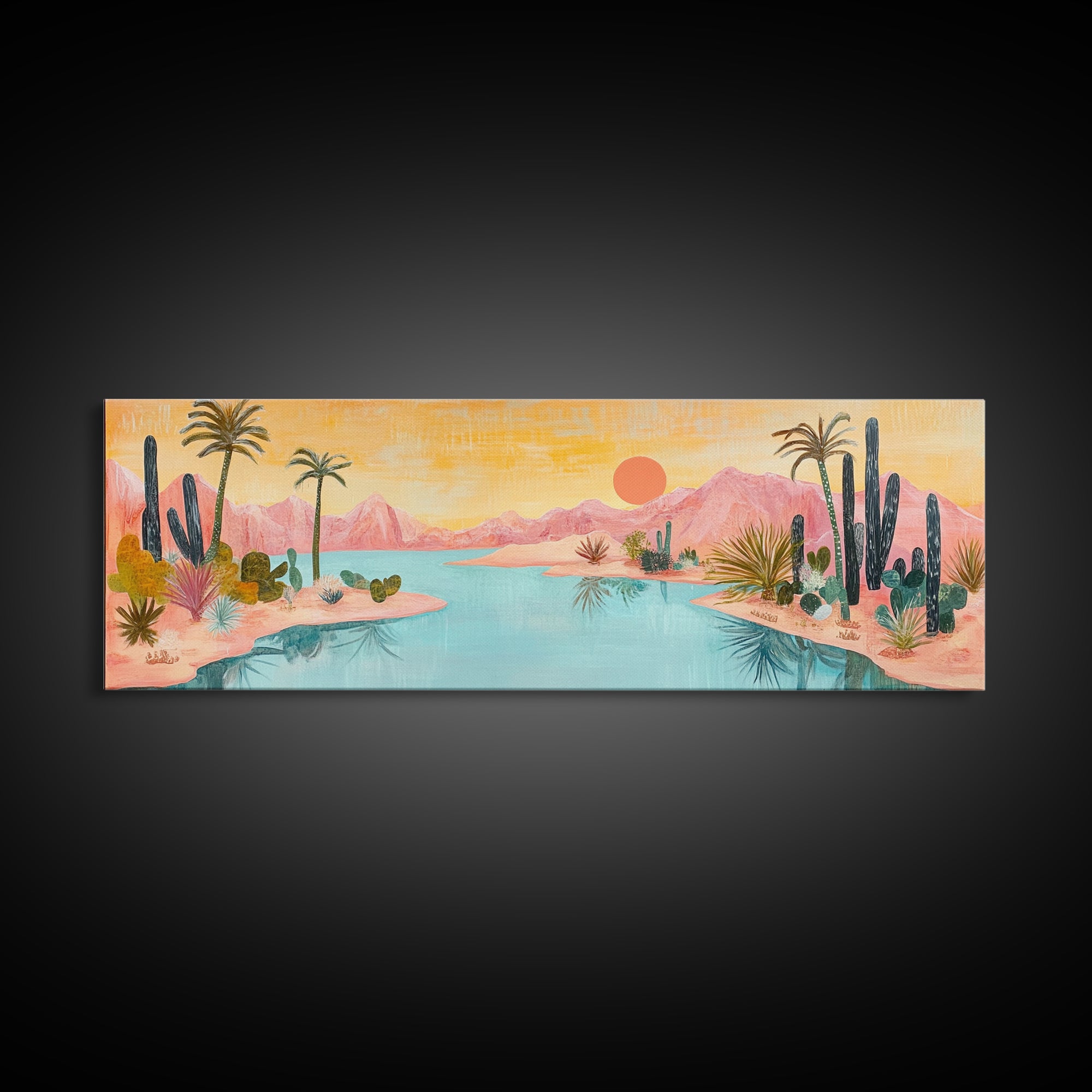 Desert Oasis Landscape Wall Art, Cactus and Palm Trees Painting, Boho Sunset Artwork, Southwest Home Decor, Warm Pink Art