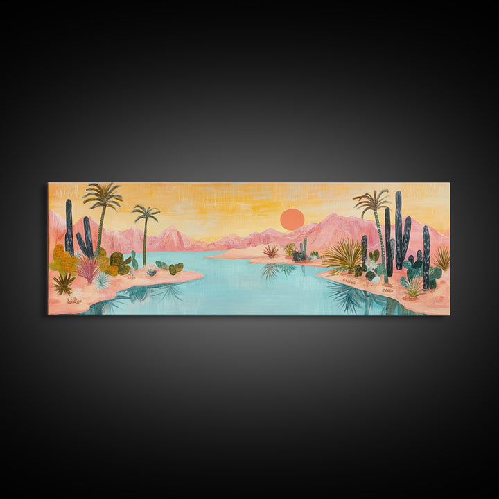 Desert Oasis Landscape Wall Art, Cactus and Palm Trees Painting, Boho Sunset Artwork, Southwest Home Decor, Warm Pink Art