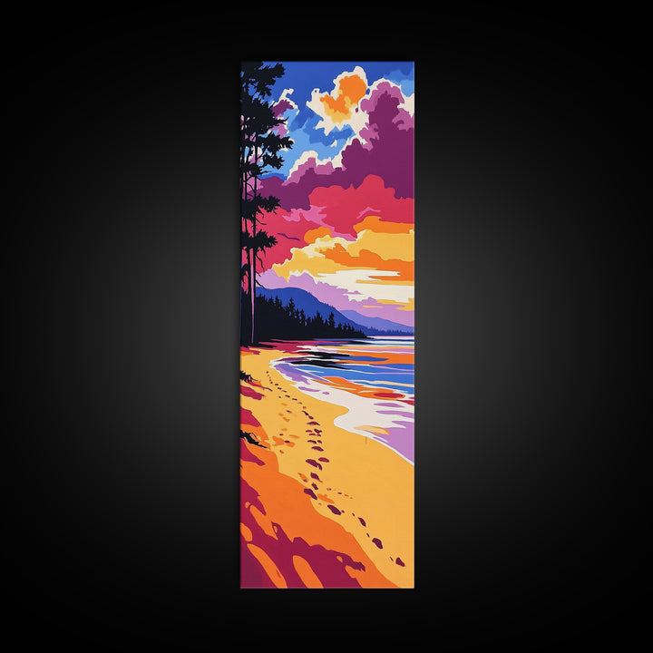 Ocean Shore, Sunset Beach, Serene Coastal Art, Footprints in Sand, Vibrant Seaside Print, Modern Beach House Decor, Framed Canvas Print
