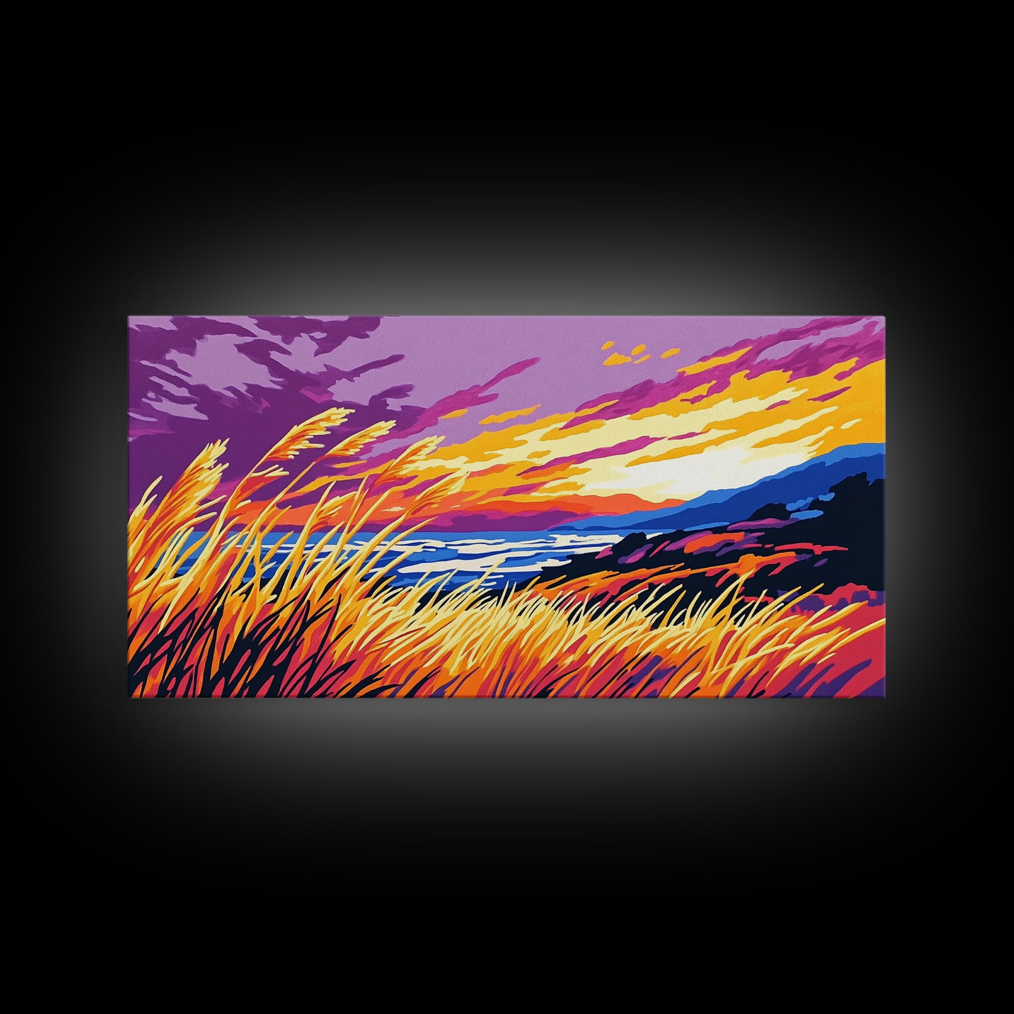 Ocean Sunset Grass, Framed Canvas Print, Coastal Wall Art, Vibrant Nature Painting, Boho Landscape, Beach House Decor, Living Room Art