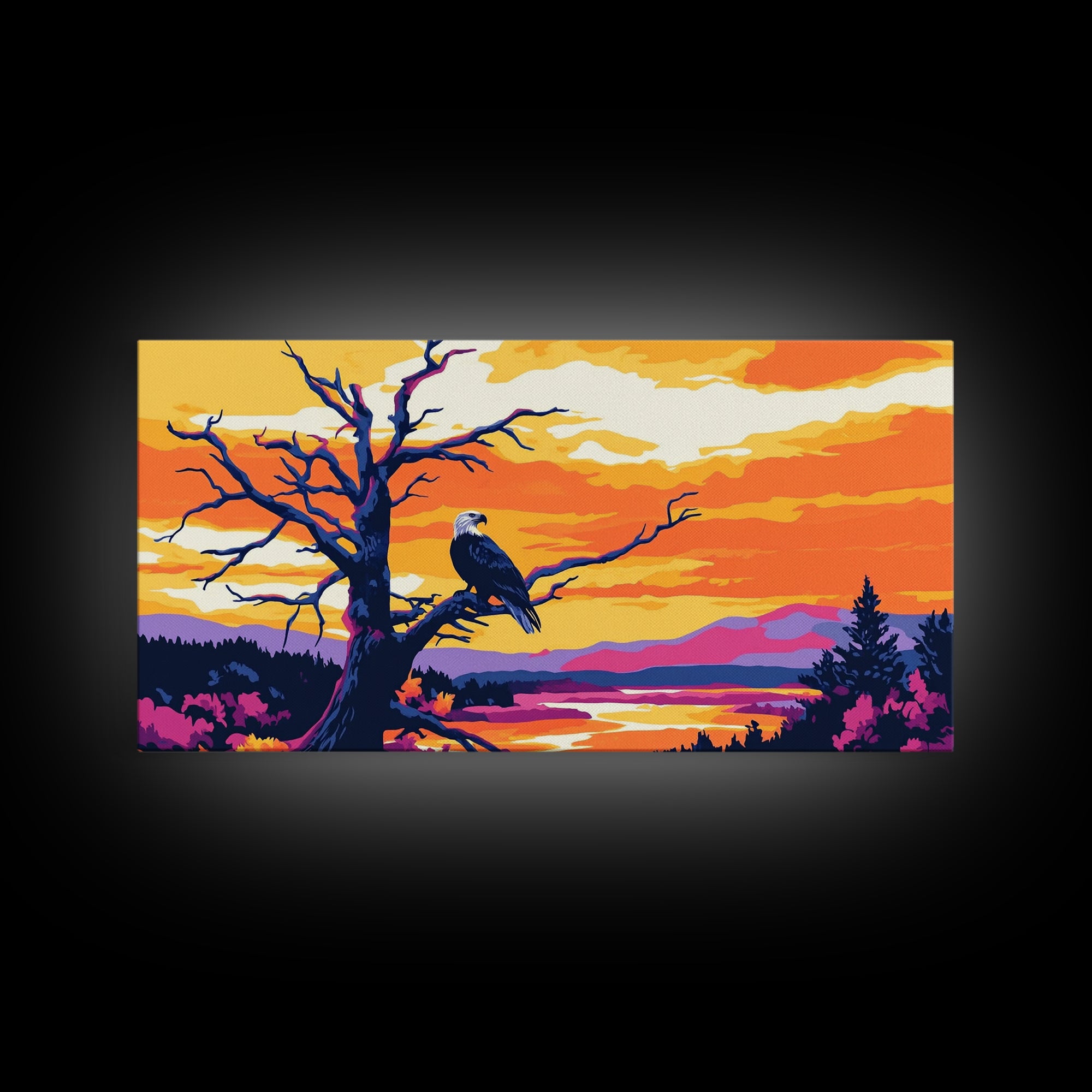 Bald Eagle Sunset, Canvas Print, Wildlife Wall Art, Vibrant Nature Painting, Rustic Decor, Patriotic Home Art, Office Wall Decor