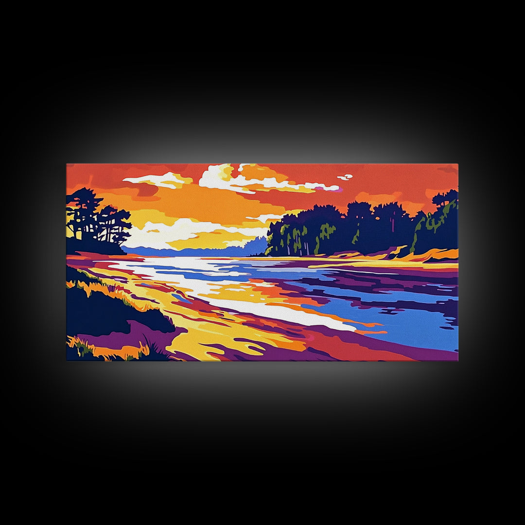 Ocean Shore, Sunset Glow, Coastal Serenity, Framed Canvas Print, Beach House Wall Art, Nautical Decor, Vibrant Seascape Painting