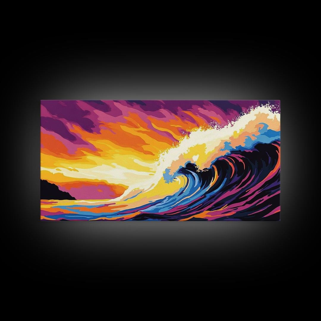 Ocean Wave, Sunset Horizon, Coastal Painting, Seascape Art, Framed Canvas Print, Beach House Wall Decor, Surfer Aesthetic Home Art