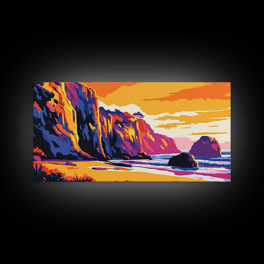 Ocean Cliffs, Coastal Sunset Art, Vibrant Seascape Painting, Beach Wall Decor, Framed Canvas Print, Nautical Home Design, Office Art