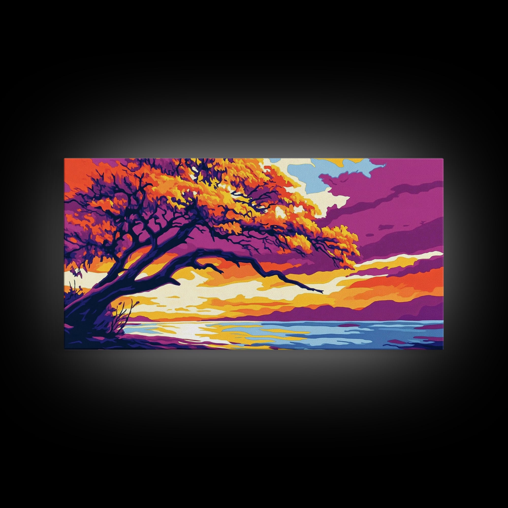 Majestic Tree, Lakeside Sunset, Vibrant Nature Art, Canvas Print, Modern Boho Decor, Living Room Wall Art, Autumn Landscape Painting
