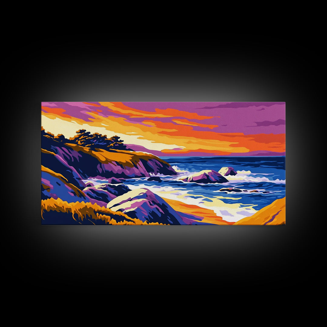 Ocean Sunset, Rolling Waves, Coastal Painting, Colorful Seascape, Nautical Wall Art, Beach House, Bedroom, Framed Canvas Print