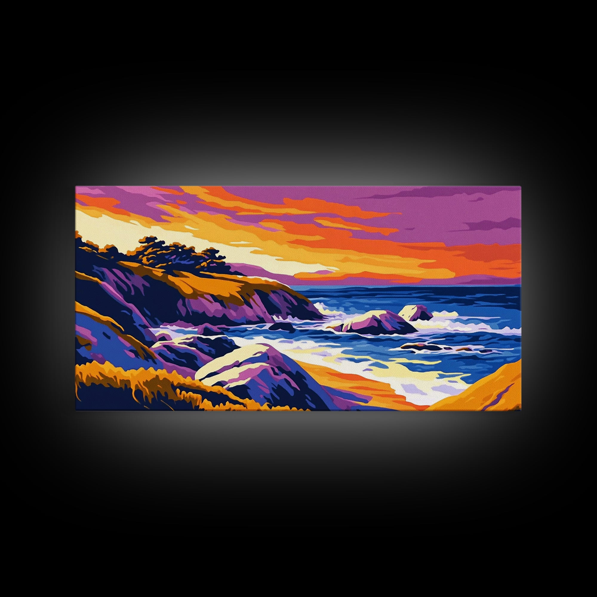 Ocean Sunset, Rolling Waves, Coastal Painting, Colorful Seascape, Nautical Wall Art, Beach House, Bedroom, Framed Canvas Print