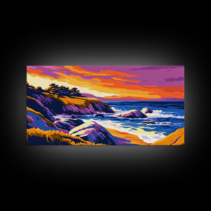 Ocean Sunset, Rolling Waves, Coastal Painting, Colorful Seascape, Nautical Wall Art, Beach House, Bedroom, Framed Canvas Print