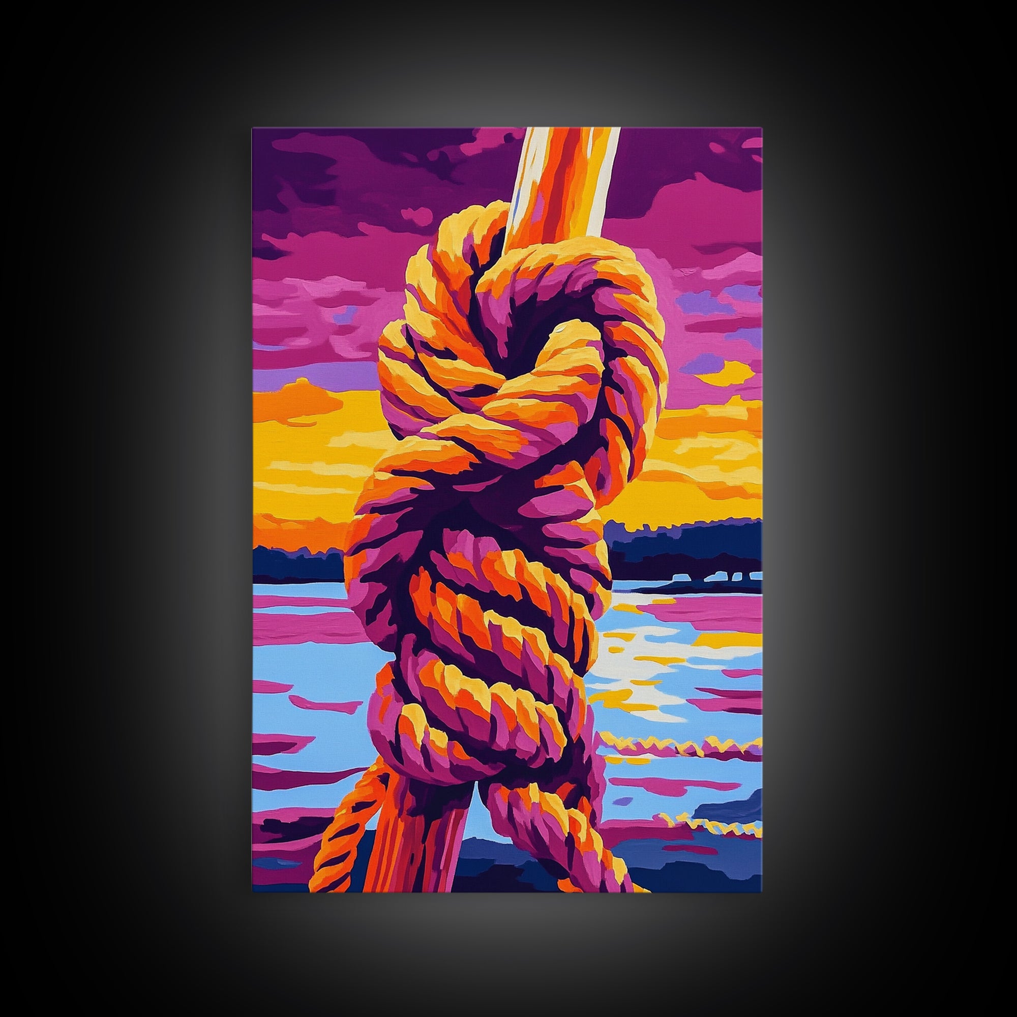 Nautical Knot, Coastal Wall Art, Sunset Over Water, Rustic Rope Art, Framed Canvas Print, Lake House Decor, Nautical Home Accent