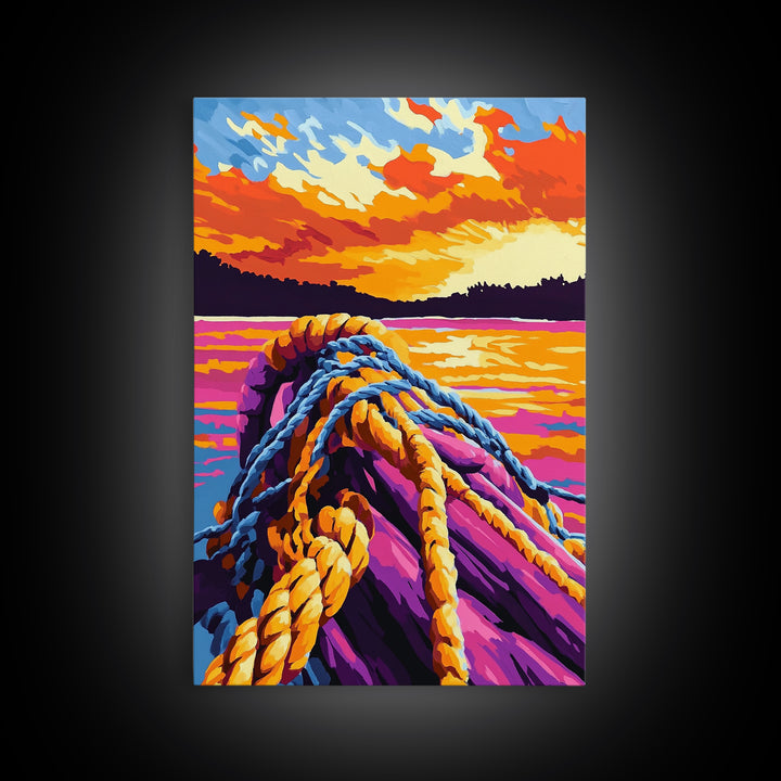 Nautical Rope, Sunset Water, Coastal Art, Canvas Print, Ocean Decor, Vibrant Wall Art, Beach House Decor, Bedroom Wall Art