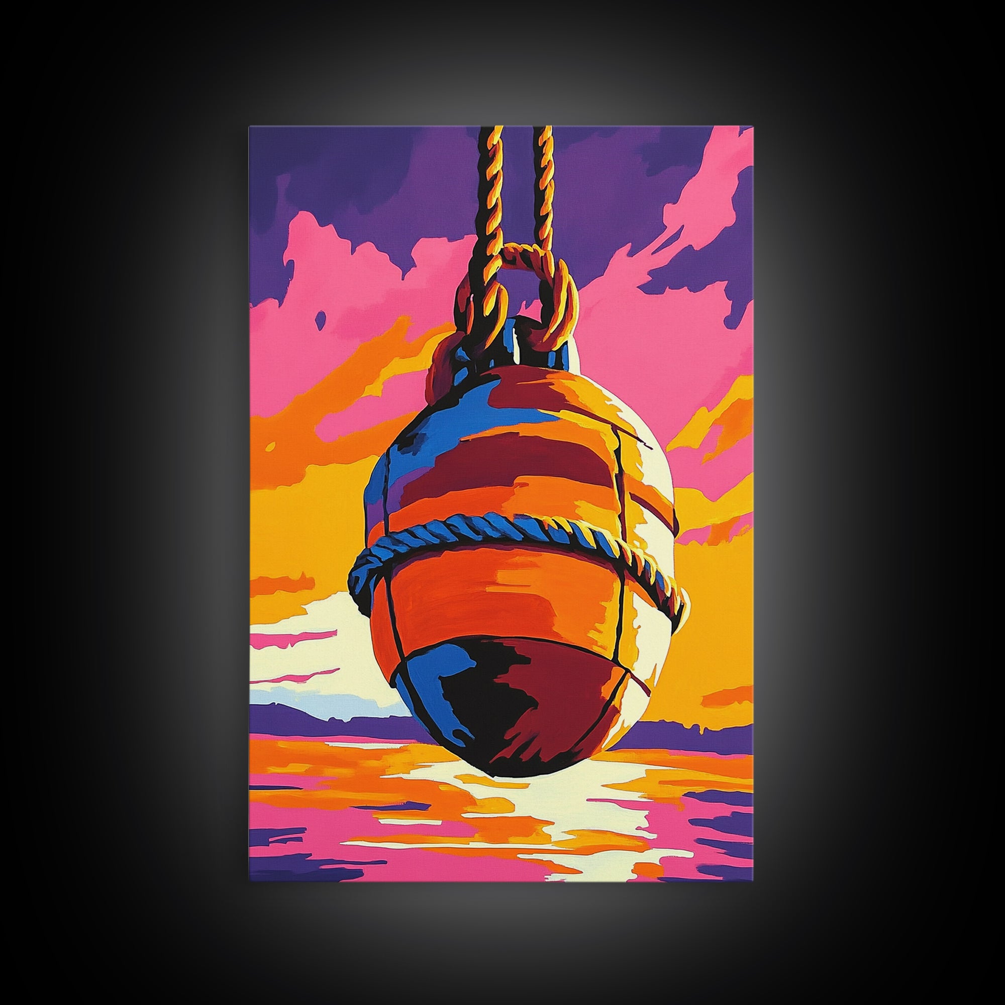 Nautical Buoy, Ocean Sunset, Coastal Art, Framed Canvas Print, Beach Wall Art, Vibrant Home Decor, Seaside Painting, Boat House Artwork