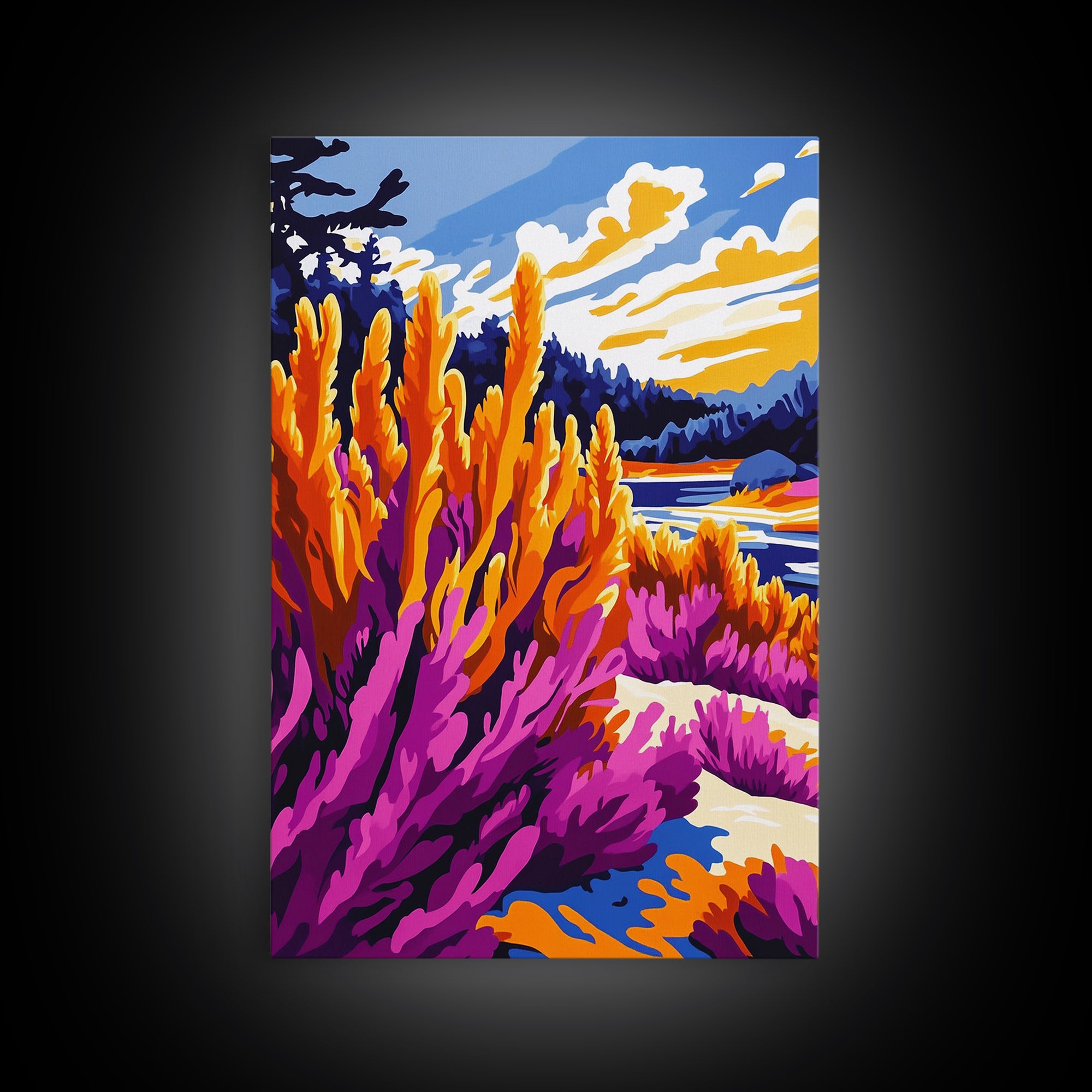 Mountain Wildflower Art, Scenic Landscape Print, Vibrant Nature Painting, Rustic Outdoor Decor, Framed Canvas Print, Boho Cabin Wall Art