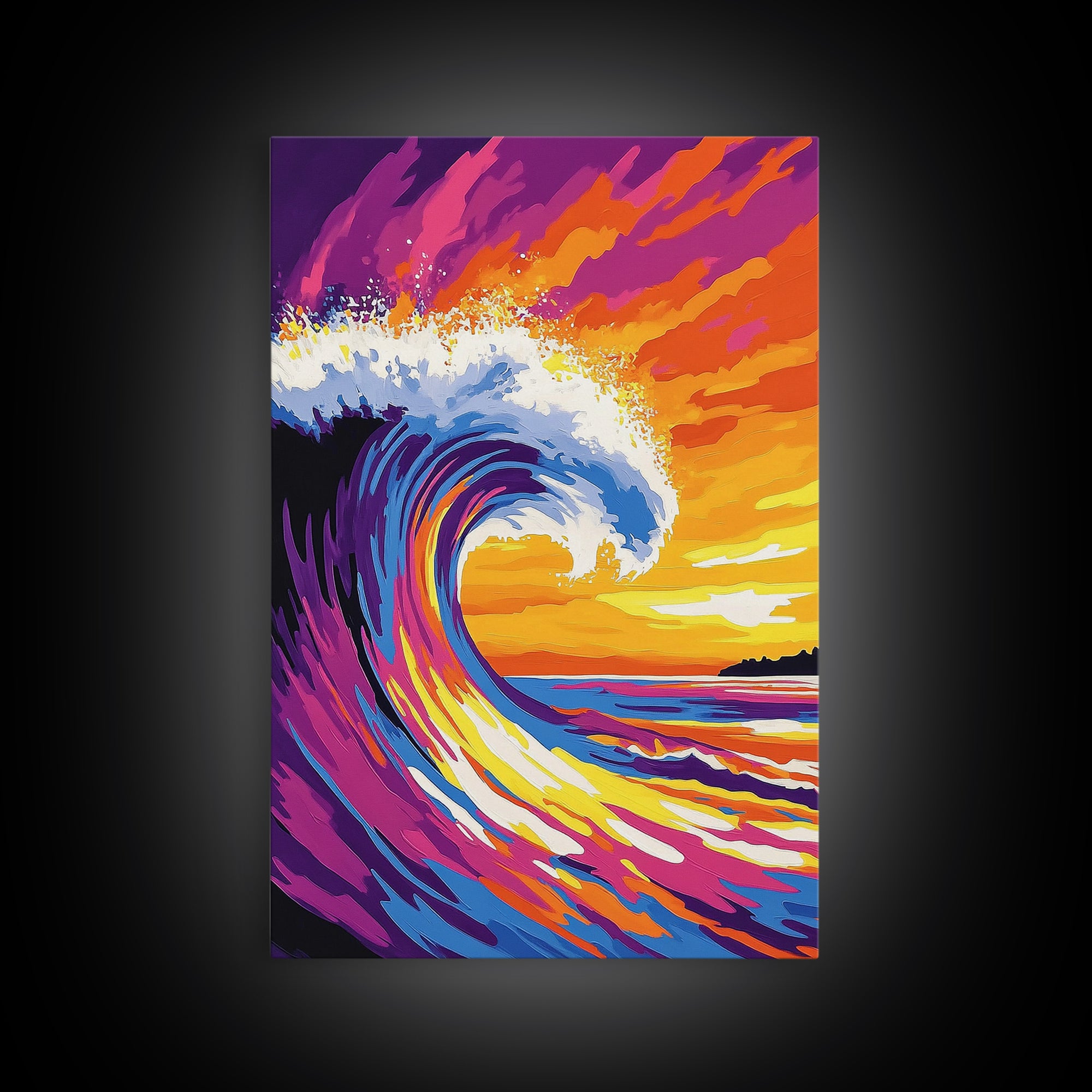 Ocean Wave, Splash, Power, Sunset, Framed Canvas Print, Coastal Decor, Surf Art, Beach House Wall Art, Nautical Theme, Vibrant Blue