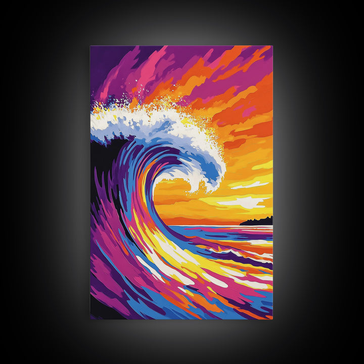 Ocean Wave, Splash, Power, Sunset, Framed Canvas Print, Coastal Decor, Surf Art, Beach House Wall Art, Nautical Theme, Vibrant Blue