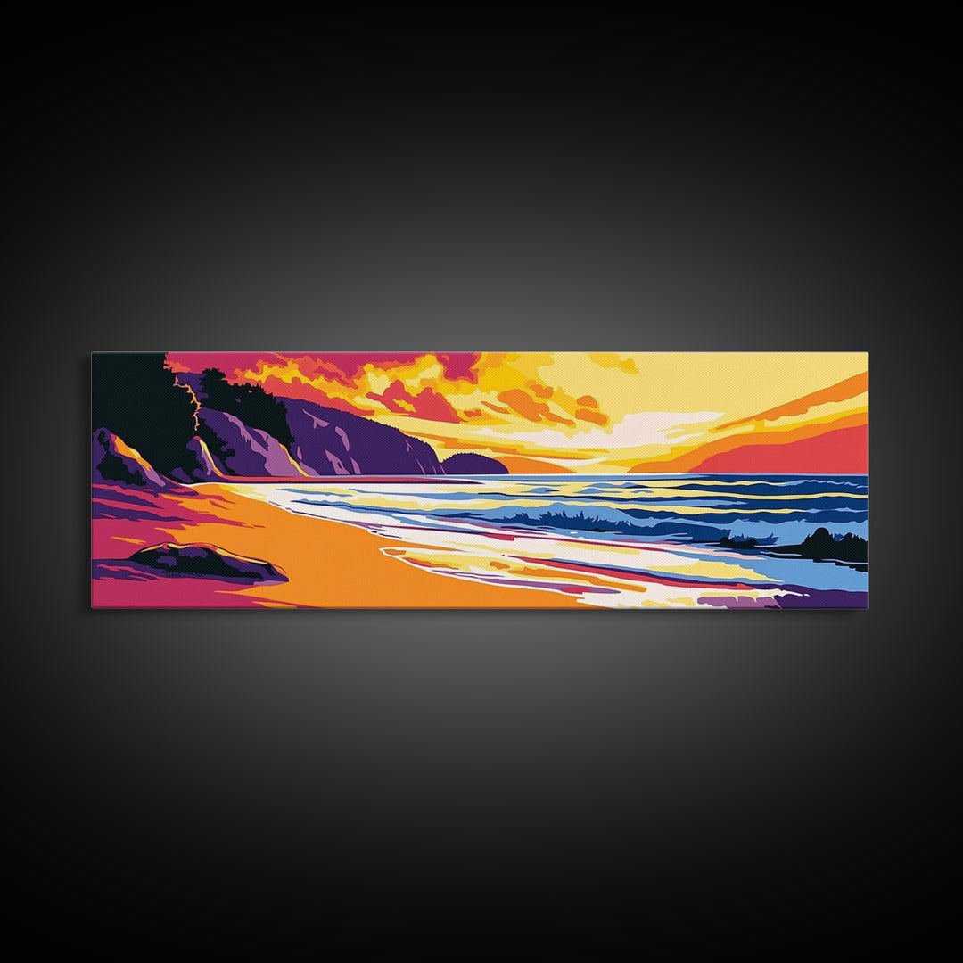 Ocean Shore, Vibrant Sunset, Golden Beach, Coastal Landscape, Canvas Print, Beach House Decor, Nautical Wall Art, Relaxing Aesthetic